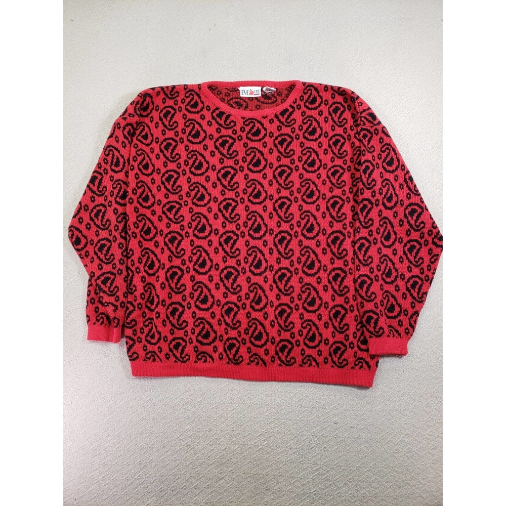 VTG E.V.E Sweater Womens 44 Red Paisley Knit Crew‎ Neck Long Sleeve 100% Acrylic